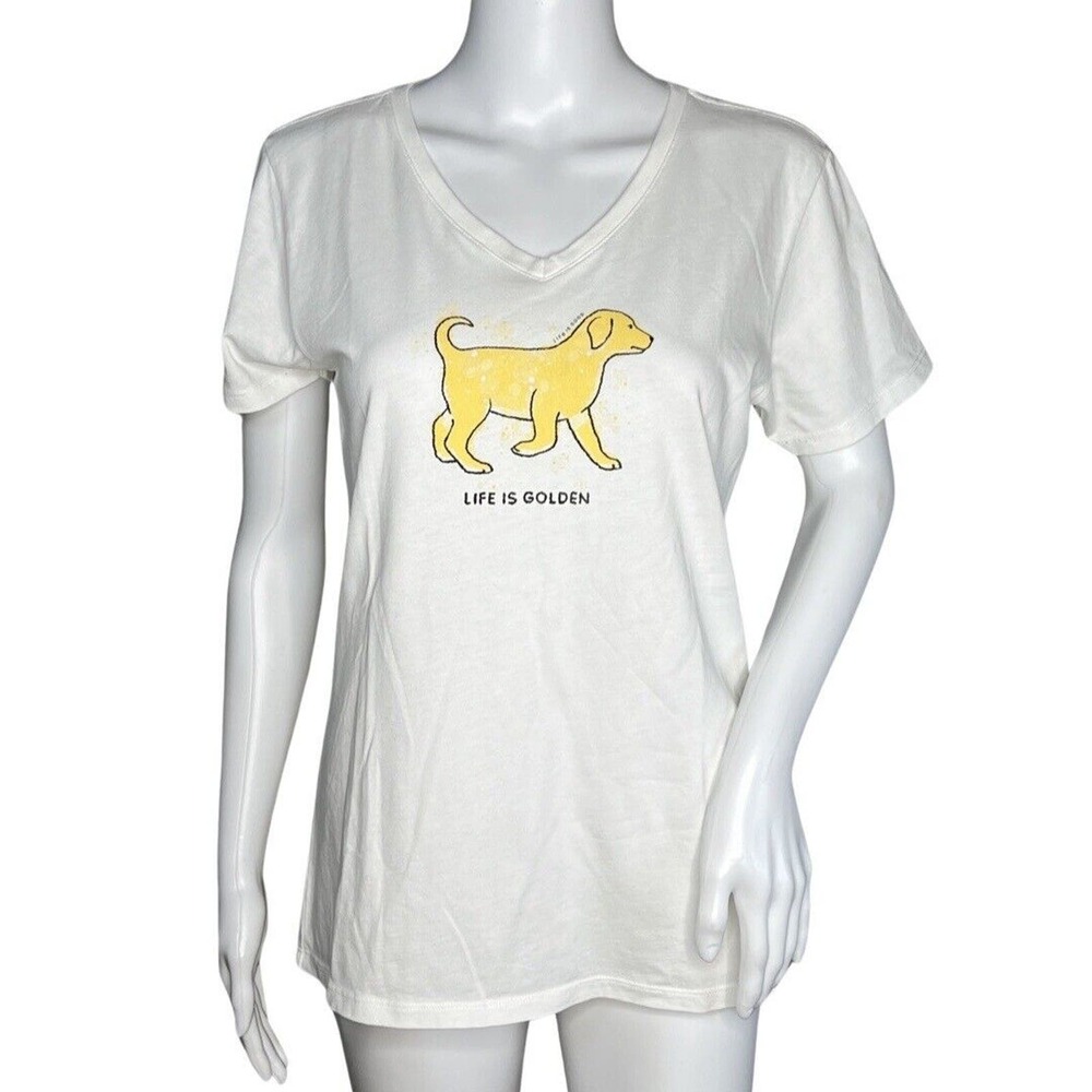 Life Is Good T Shirt Womens Small White Crusher Tee Dog Golden Basic Casual